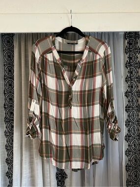 Plaid Button Henley Top Soft Material